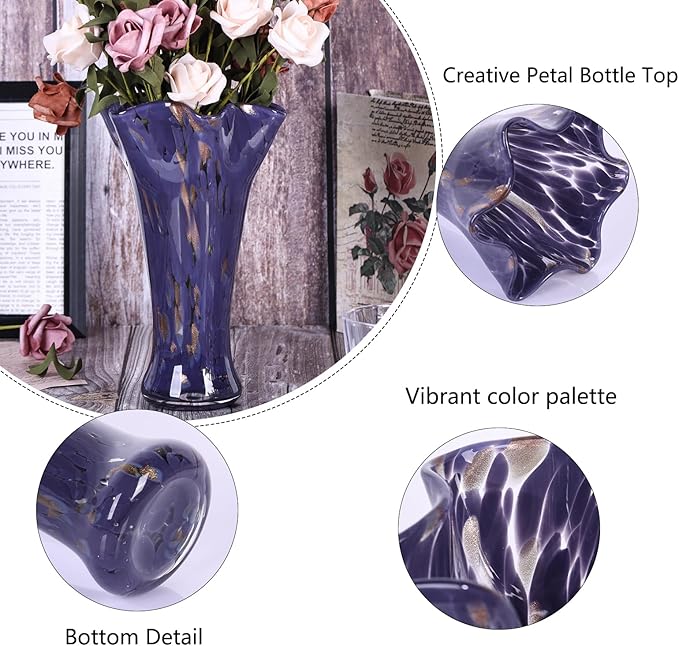 9.0" H Purple Glass Vases for Flowers, Unique Hand Blown Glass Vase Purple Home Decor, Wide Mouth Colorful Flower Vase Centerpieces, for Living Room Table Bookshelf, Bathroom Office Shelf Decorative