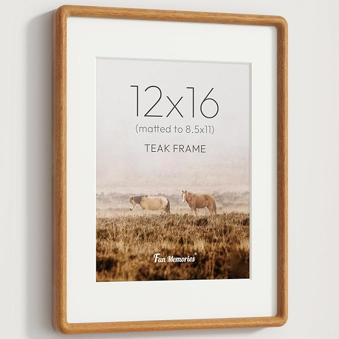 12x16 Picture Frame, Solid Teak Wood Frame with Real Glass, Hard Wood 12 by 16 Photo Frame for Wall & Tabletop Display, 12x16 Picture Frame Matted to 8.5x11, Natural Teak Color