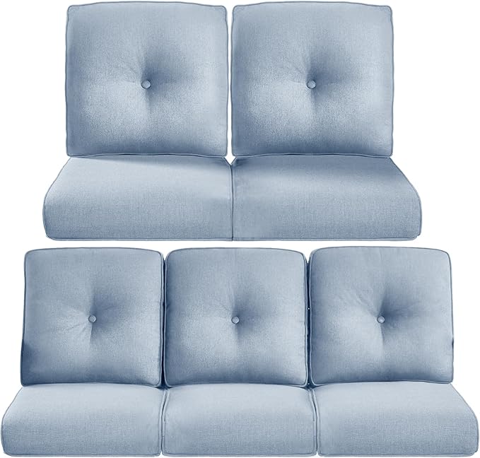 22x25/22x24 Outdoor Cushions for Patio 5 Piece Set - Set of 5 Water-Resistant Replacement Cushion for Wicker Dining Rocking Swivel Chairs Loveseat Couch Sectional Sofa - Baby Blue/Button