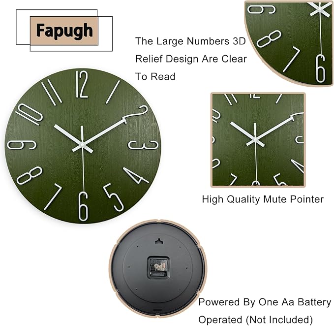 Faupugh Wall Clock 12 inch Silent Wall Clock, Battery Powered, Suitable for Home, Office, School, Kitchen, Bedroom, Living Room (Green)