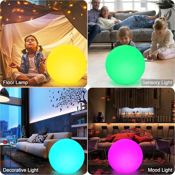 20-in LED Glowing Ball Light, Large Rechargeable LED Globe Orb Light w/Remote, Dimmable RGB Color Changing Globe Floor Lamp, Indoor/Outdoor Waterproof Mood Lamp for Home Garden Patio Lawn Party Decor