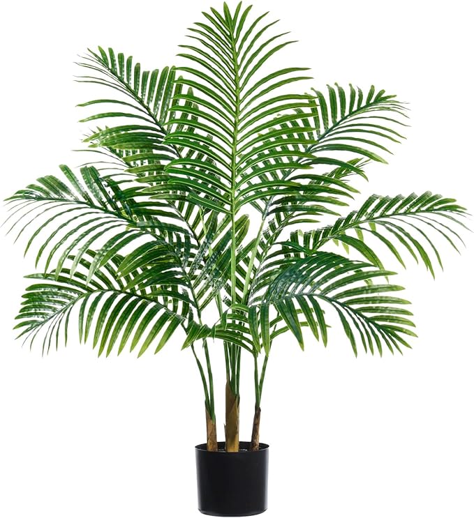 Artificial Fake Palm Tree 3FT Tropical Faux Palm Trees in Pot with 9 Trunks and Real Bark Design Areca Floor Plant Faux Palm Plant for Indoor Outdoor Home Decor