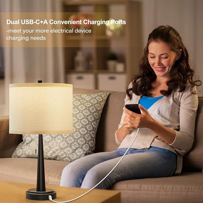 GyroVu Table Lamp Set of 2, Beside Lamps with USB-C+A Nightstand Lamp with Pull Chain Swtich Modern Led Table Lamp for Living Room, Bedroom & Office-9W Led Bulbs Included(Matte Black)