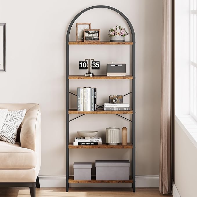 IDEALHOUSE Bookshelf 5 Tier Bookcase Arched Display Racks Tall Standing Bookshelves Metal Frame Modern Storage Rack Shelf Large Wood Book Shelf for Bedroom, Living Room, Home Office