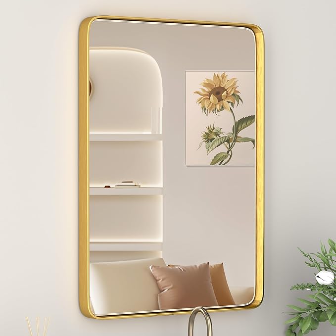 26X34 Inch Gold Metal Framed Bathroom Mirror for Wall, Gold Rounded Rectangle Mirror, Brushed Gold Bathroom Vanity Mirror Farmhouse, Anti-Rust, Tempered Glass, Hangs Horizontally or Vertically