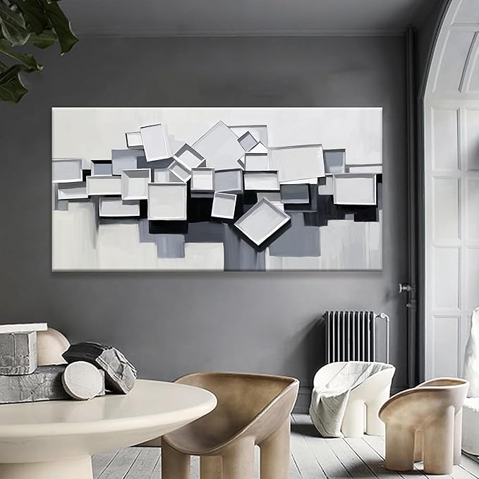 Tsomzxng Large Abstract Wall Art Grey And White Wall Art Geometric Color Block Line Wall Painting Canvas Art Wall Decor Simple Picture Artwork For Living Room Bedroom Office Artwork 29"X 58"
