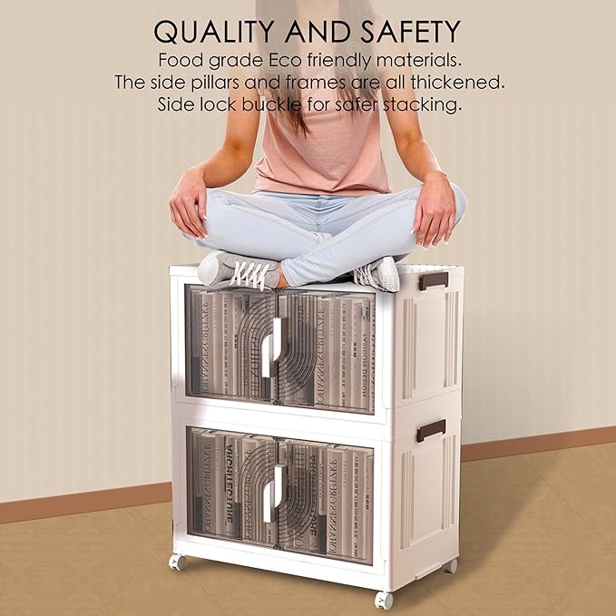 Foldable Storage Bins with Lids Stackable Storage Bins with Doors and Wheels Magnetic Dual-Opening Doors Storage Containers for Bedroom, Living Room, Closet, Laundry (White-4Pack)