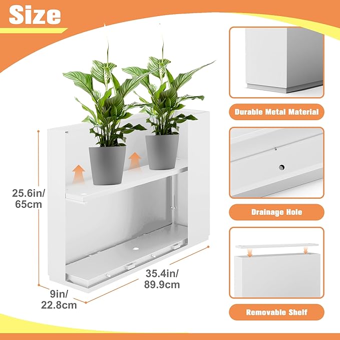 Large Rectangle Planter Metal White Planter Box with a Drainage Hole and a Removable Divider Indoor Outdoor Porch Pots for Tall Plants, Trees, Flowers 35.43" x 9.06" x 25.59" White