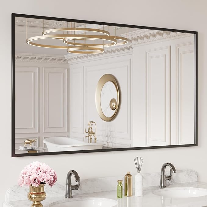 LOAAO 60"X30" Black Rectangle Bathroom Mirror Wall, Matte Black Aluminum Alloy Frame, Tempered Glass, Hangs Vertically or Horizontally, Easy to Install