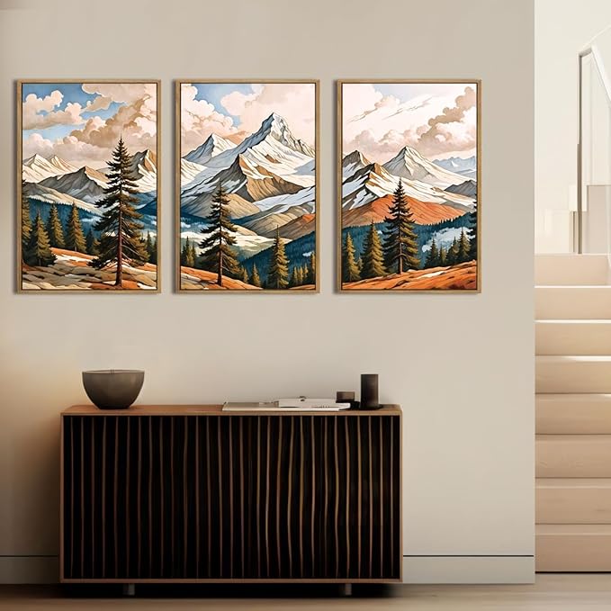 Large Woodcut Style Mountains Framed Canvas Wall Art,Vintage Pine Trees Wall Decor,Boho Natural Snow Ridge Artwork,Modern Woodland Landscape Art Print for Living Room,Bedroom,Office-24 x36 x3