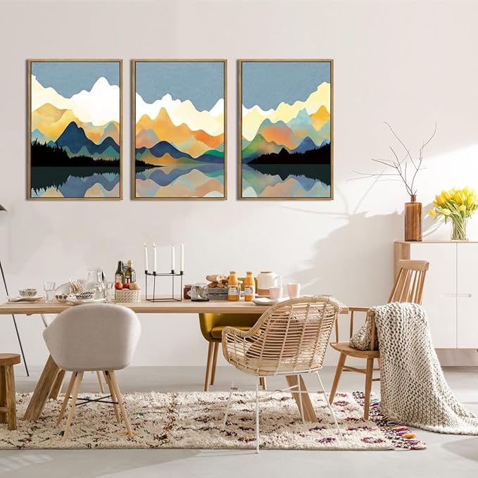 Large Abstract Mountain Lake Framed Canvas Wall Art,Watercolor Boho Forest Wall Decor,Colorful Ridge Landscape Artwork,Modern Wilderness Art Print for Living Room,Bedroom,Office-24 x36 x3