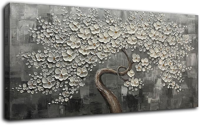 SDYA White Flower Wall Decor Living Room Decor Bedroom Decor Aesthetic Hand-Painted Flower Artwork for Bathroom Office Wall Decoration 24" x 48"