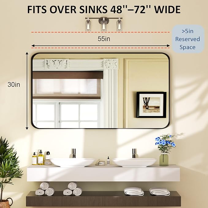 55×30 Black Vanity Mirror for Bathroom Sink - Rectangle Aluminum Frame Mirror with Tempered Glass & Rounded Corners for Living Room, Hallway, Horizontal/Vertical, Home Decor
