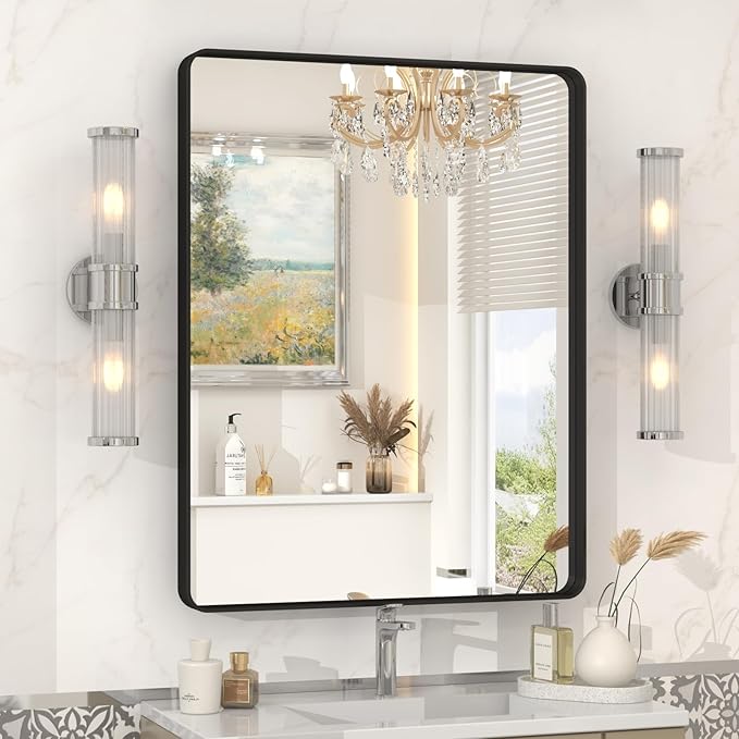22x30 Inch Black Metal Framed Mirror for Bathroom, Matte Black Vanity Mirror, Rounded Rectangle Bathroom Mirror, Anti-Rust, Shatterproof (Horizontal/Vertical)