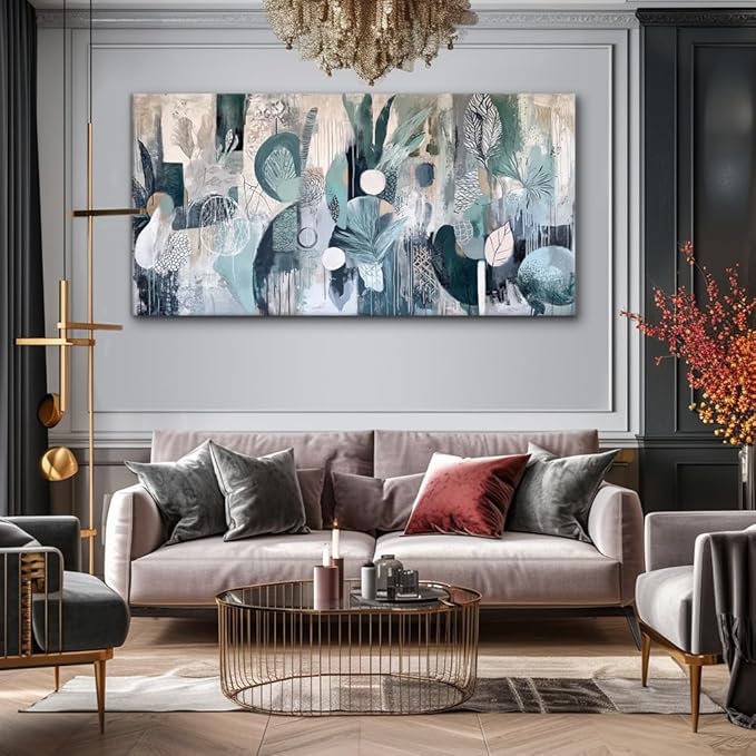 Abstract Plant Garden Wall Art for Living Room Office Green Teal Canvas Painting Prints Sage Green Botanical Artwork Dining Room Bedroom Decor (20x40 Inches)
