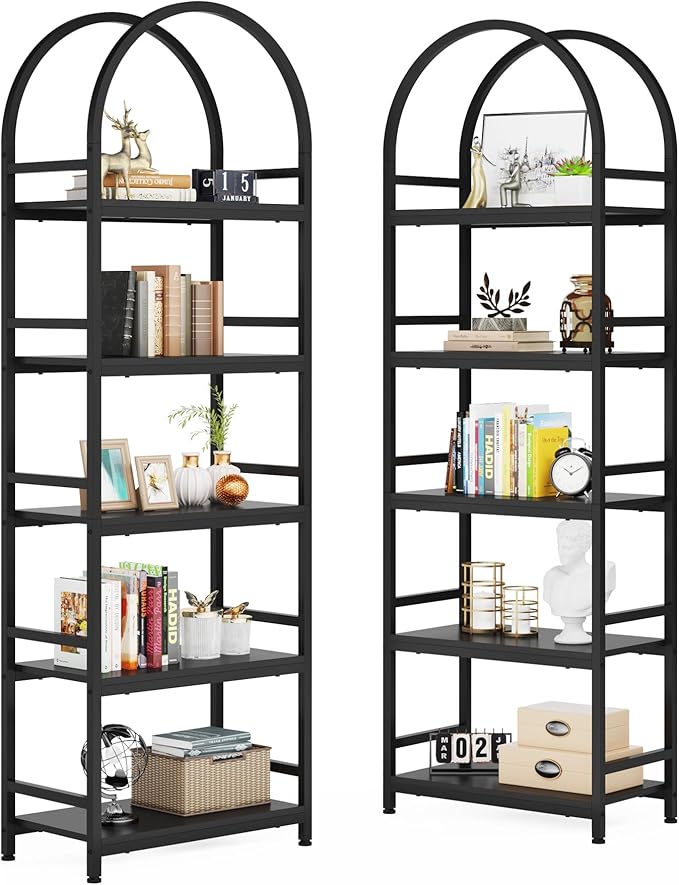 Tribesigns 5-Tier Open Bookshelf Set of 2, 74.4" Wood Bookcase Storage Shelves with Metal Frame, Freestanding Display Rack Tall Shelving Unit for Office, Bedroom, Living Room (Black, 2PCS)