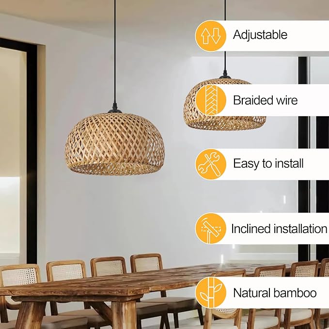TERLEENART Bamboo Pendant Light,Set of 2 Boho Round Basket Chandelier Handmade Woven Pendant Light, Natural Bamboo Rattan Hanging Chandelier for Kitchen Island Dining Room Living Room Porch