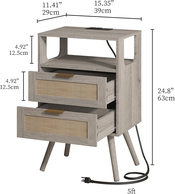 Rattan Nightstand with Charging Station,Farmhouse Bedside Table with 2 Storage Drawer and Open Wood Shelf, for Bedroom and Small Spaces,Night Stand with Solid Wood Legs (Grey Oak-Outlet)