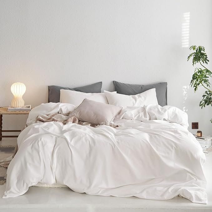 MooMee Queen Duvet Cover Set, 100% Washed Cotton Linen Like Twill Thick Sturdy Material Super Soft Breathable Durable Bedding for All Season, 3 Pieces (Off White, Queen 90"x90")