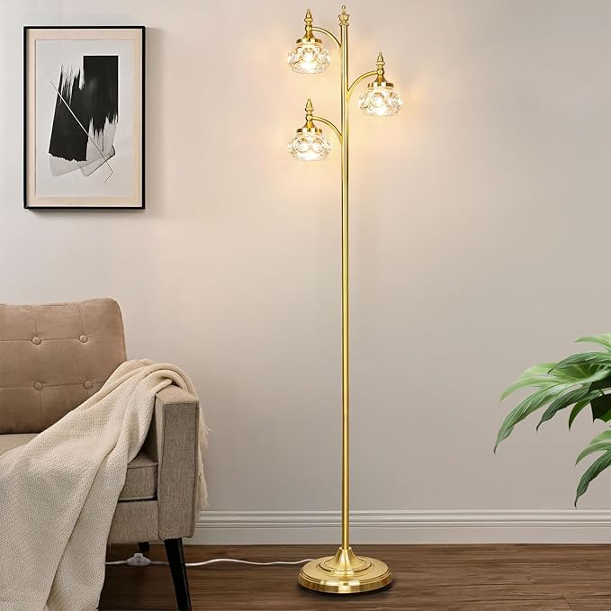 Gold Floor Lamp, Dimmable Tree Floor Lamps for Living Room Brass Tall Standing Lamp with 3 Rotatable Lights Glass Shade 66.5'' Modern Corner Lamp for Bedroom Office(3LED Bulbs Included)