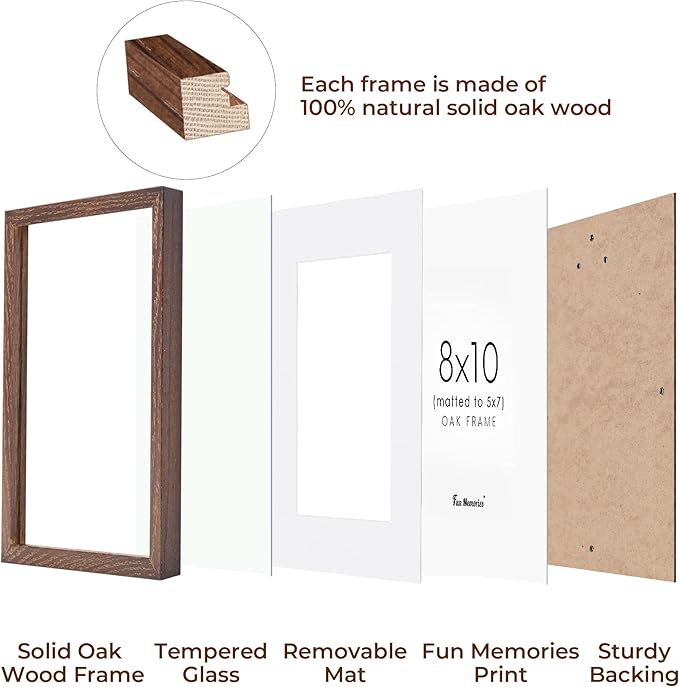Solid Oak Wood Frame 8x10, 8 x 10 Frame Set of 3, 8"x10" Photo Frames with Stand, 8 by 10 Frame for Wall & Tabletop Display, 8x10 Wood Frame, Walnut Color