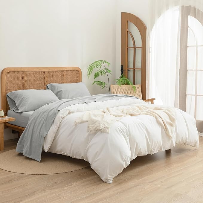 BESTOUCH Sheet Set 100% Washed Cotton Linen Feel Super Soft Comfortable Chic Lightweight 3 Pcs Home Bedding Set Solid Northern Droplet Grey Twin