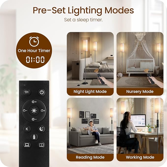 2 Pack Dimmable Floor Lamps for Living Room with 2 Remotes and Foot Switch, Corner Floor Lamp, Standing Tall Lamp, 10W 900LM LED Bulb Included, 3000K-6500K, Linen Shade, FCC Listed W06LDP205W1