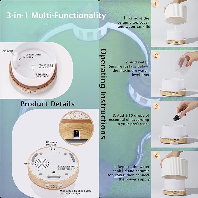 T19 Ceramic Aroma Diffuser – 200ml Ultrasonic Essential Oil Diffuser with Breathing Light, Auto-Off, Natural Wood Base, Handcrafted White Ceramic for Home Décor