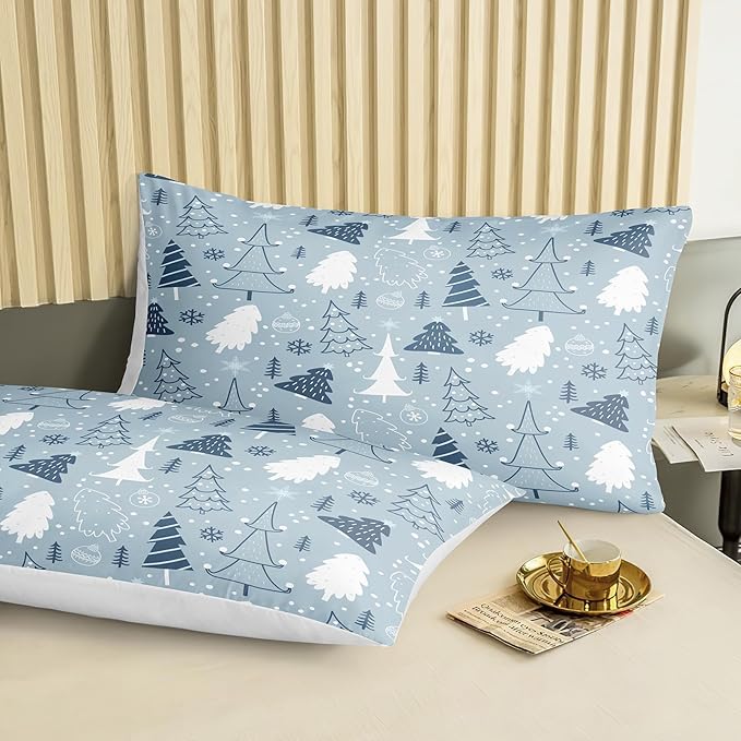Bedorm Christmas Tree Bedding Comforter Blue Winter Comforter Set Blue White Snowflake Xmas Tree Holiday Decor Cute Christmas Quilt Comforter Set King Size