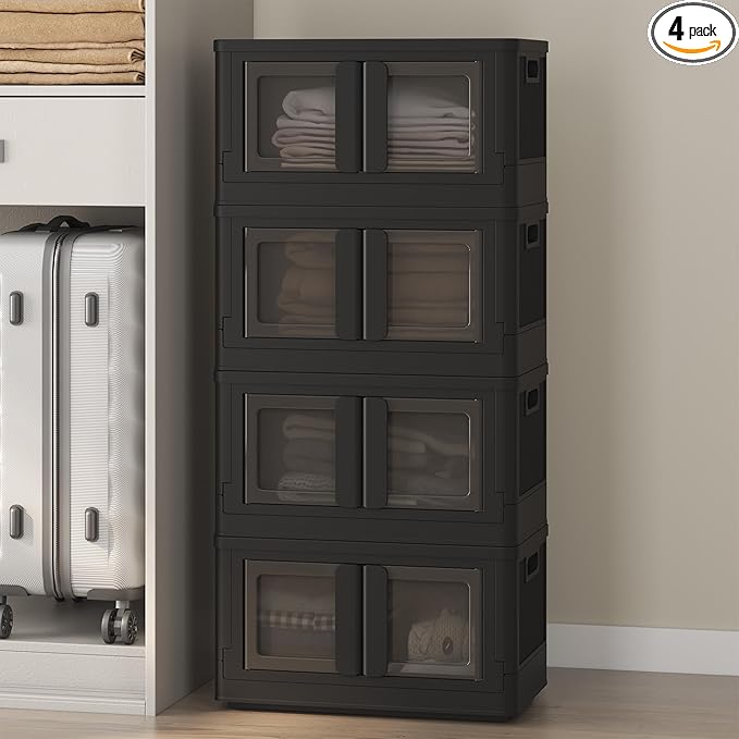 FLEXIMOUNTS 150 QT Stackable Storage Bins With Lids, Collapsible Plastic Storage Bins, Closet Organizers and Storage Containers with Doors and Built-in Wheels For Home, 4 Pack Cubes, Black