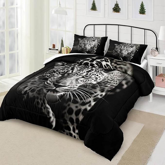 Wild Animal Comforter Set Leopard African Bedding Set Black and White Cheetah Leopard Printed Bedding Safari Animal Tropical King Comforter Set for All Season
