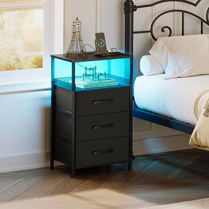 Night Stand Set 2 with Charging Station, 3 Drawer Nightstands with LED Lights, End Table with Outlets and USB Ports, Side Table with Open Shelf, Bedside Tables for Bedroom, Black
