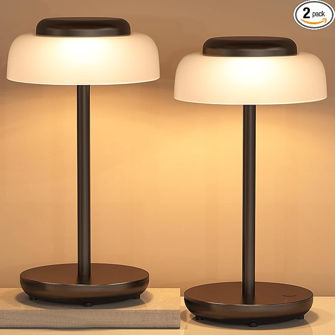 QiMH Battery Operated LED Table Lamp, 5000mAh Rechargeable Cordless Lamp Set of 2, Stepless Dimmable Touch Control, Small Waterproof Desk Night Light for Living Room, Bedroom, Outdoor Bar (Black)