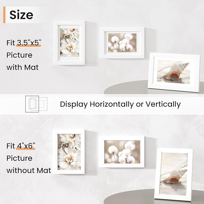 4x6 inch Picture Frame, 4x6 Photo Frames with 3.5x5 Removable Mat - High Definition Plexiglass - Vertical and Horizontal Display - Wall Hanging Frame - White, 12 Pack