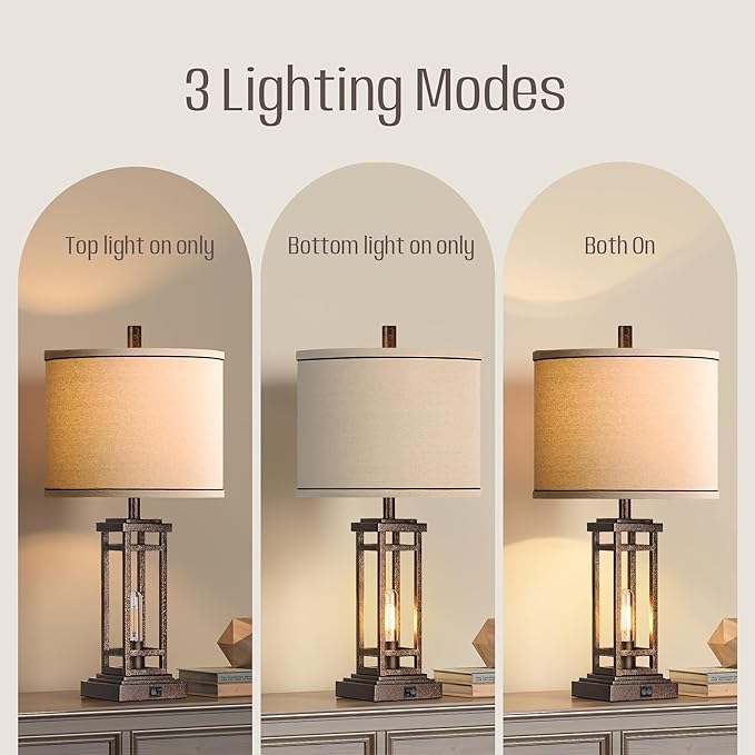 ROTTOGOON 27.5 Tall Farmhouse Table Lamps with USB C + USB A Charge Ports, Rustic Living Room Lamps Set of 2, Black Industrial End Table Lamp for Bedroom Living Room Nightstand (Bronze)