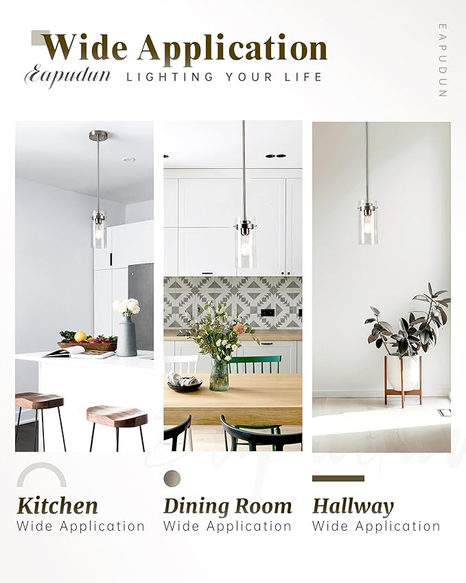 EAPUDUN Pendant Light (2 Packs), Kitchen Lights Ceiling Hanging, Kitchen Light Fixtures Brushed Nickel Finish, Farmhouse Pendant Lighting for Kitchen Island Room-PDA1353-B-BNK