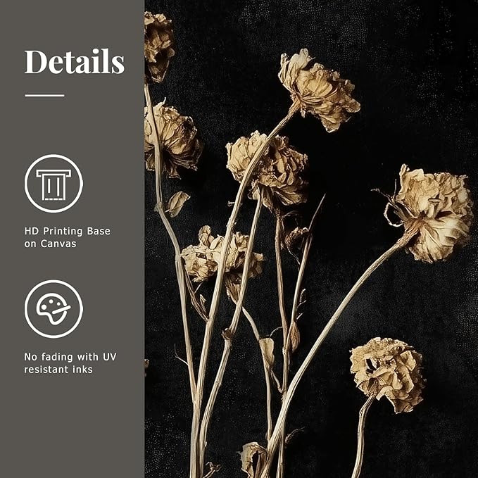 SAFERRYHOME Moody Dark Floral Wall Art Set of 3 - Vintage Black Botanical Canvas Prints Framed Dried Wildflower Artwork, Modern Dark Academia Decor for Living Room, Bedroom & Office - 16x24 Inch Framed