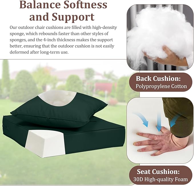 Waterproof Outdoor Chair Cushion Set of 2, 24x24x5 IN Deep Seat Patio Cushions with Fade Resistant Removable Cover,Outdoor Cushions for Patio Furniture with Ties&Handle for Chair Sofa Couch,Dark Green