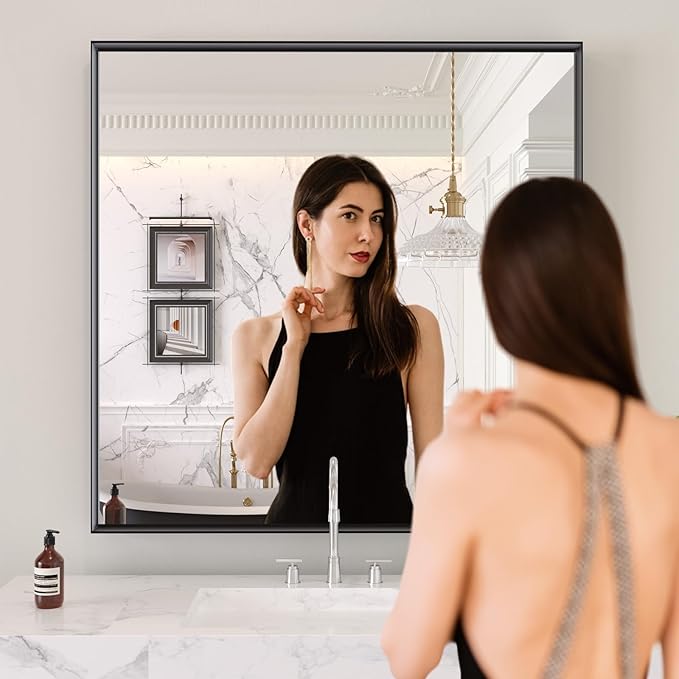 LOAAO Black Bathroom Mirror 30"X30" for Wall, Rectangle Bathroom Vanity Mirror, Tempered Glass, Hangs Vertically or Horizontally, Easy to Install, Modern Design
