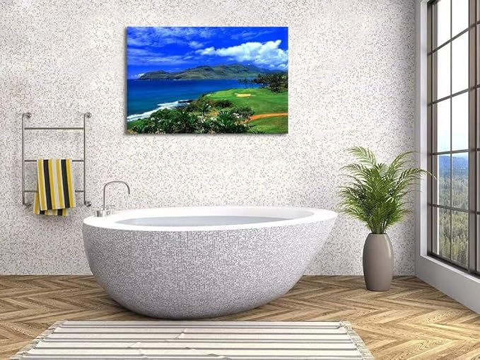 chenchenArt Lagoons Golf Course Wall Art for Living Room Bedroom Bathroom Home Decoration Hawaii Ocean Golf Course Picture Poster Canvas Prints Modern Artwork Framed Ready to Hang(28''H x 44''W)