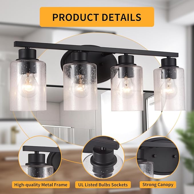 Modern Matte Black Bathroom Vanity Light Fixtures, 4-Light Clear Seeded Glass, Rustproof Wall Mount
