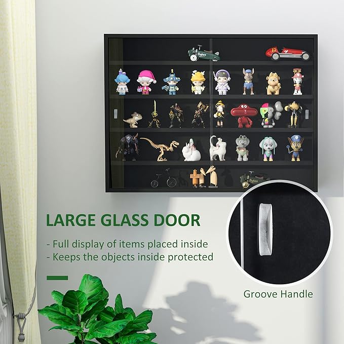HOMCOM 5-Tier Display Cabinet, Glass Door Cabinet with Adjustable Shelves, Wall-Mounted Display Case for Playroom, Bedroom, Black