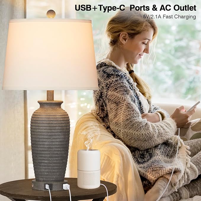 25" Farmhouse Jar Table Lamps, 3 Way Touch Control Rustic Bedside Lamps with USB A+C Ports & AC Outlet, Pot Nightstand Lamps for Bedroom Living Room (LED Bulbs Included)