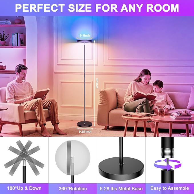 Smart RGB Floor Lamps for Living Room, 36W/3000LM Bright LED Standing Lamp with App & Remote Control, Modern Color Changing Tall Lamp with Stepless Dimming, Torchiere Corner Floor Lamp for Bedroom