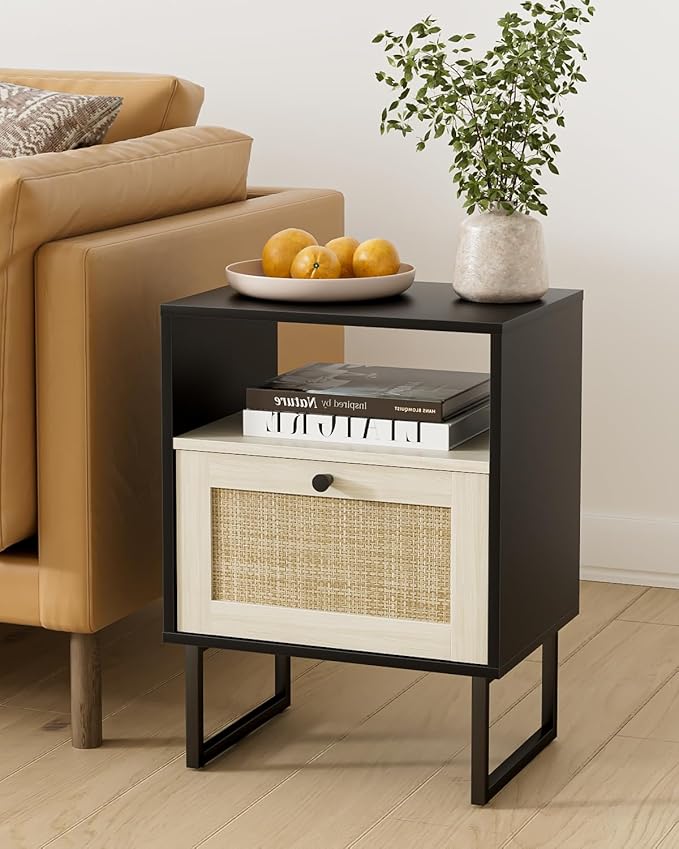 Rattan Nightstand, Boho Night Stand Farmhouse Wood Bedside Table with Storage and Open Shelf, End Side Accent Table for Bedroom,Living Room,Black and Oak