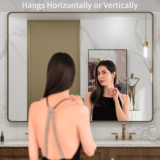 LOAAO 48”X36” Bronze Bathroom Mirrors for Vanity, Rounded Rectangle Brushed Bronze Metal Frame Mirror, Anti-Rust, Tempered Glass, Hangs Horizontally or Vertically