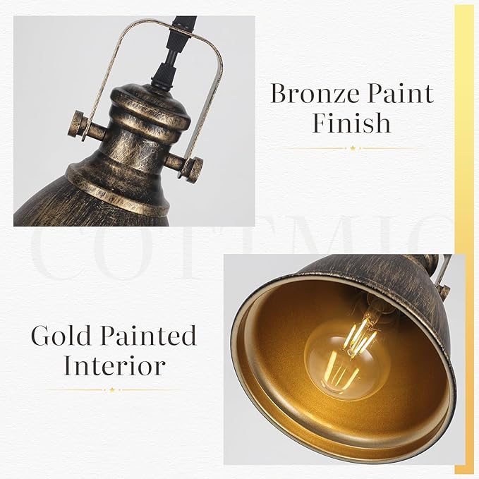 Bronze Pendant Lights Kitchen Island 3 Pack, Vintage Pendant Light, 6.5’’ Farmhouse Kitchen Light Fixtures, Adjustable Height, Pendant Lighting for Dining Room, Living Room, Sink, Bar