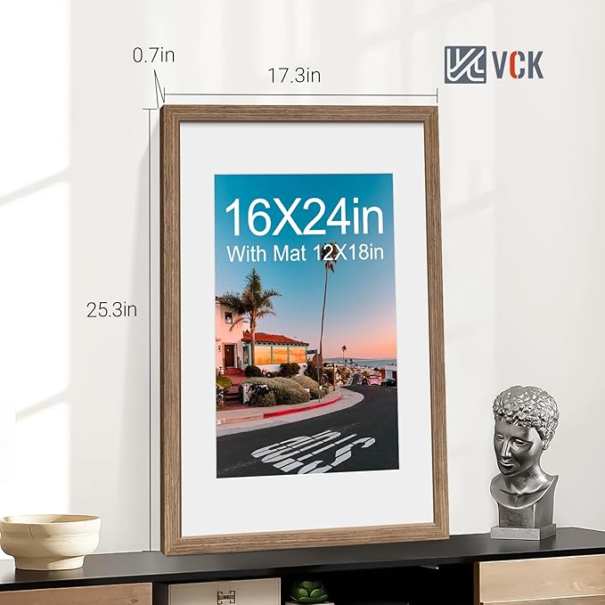 VCK 16x24 Poster Frame 5 Pack - Walnut, High-End Wood Picture Frames with Polished Plexiglass, Display 12x18 Photo with Mat or 16x24 without Mat, Art Gallery-Quality, Wall Hanging, Walnut