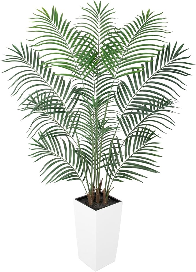 Bellacat UV Resistant 5ft Faux Palm Tree with Tall White Decorative Planter, 60in Artificial Palm Tree with Realistic Leaves & Branches, Fake Palm Tree for Home Office Porch Front Door Patio Decor.