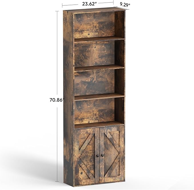 Tall Wooden Bookshelf with Cabinet and Doors,Vintage Brown Bookcase for Bedroom, Living Room, or Home Office Storage,6 Shelves for Heavy Books & Organization